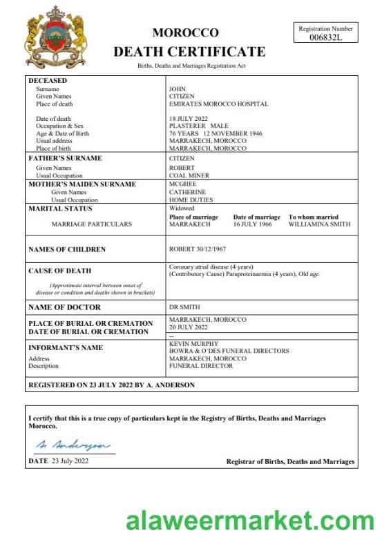 Morocco vital record death certificate Word and PDF template